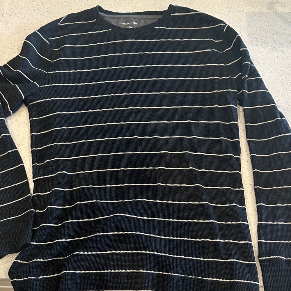 Banana Republic Dark Blue and White Striped Long Sleeve Tee